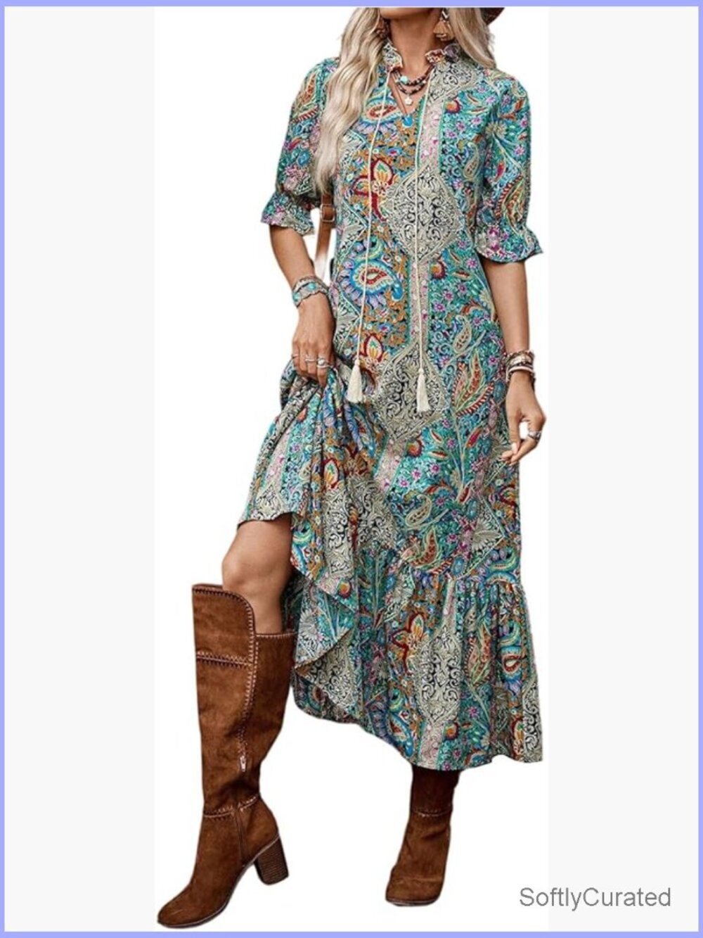 Womens Western Cowgirl Maxi Dress Boho Paisley 3/4 Sleeve Sundress Summer